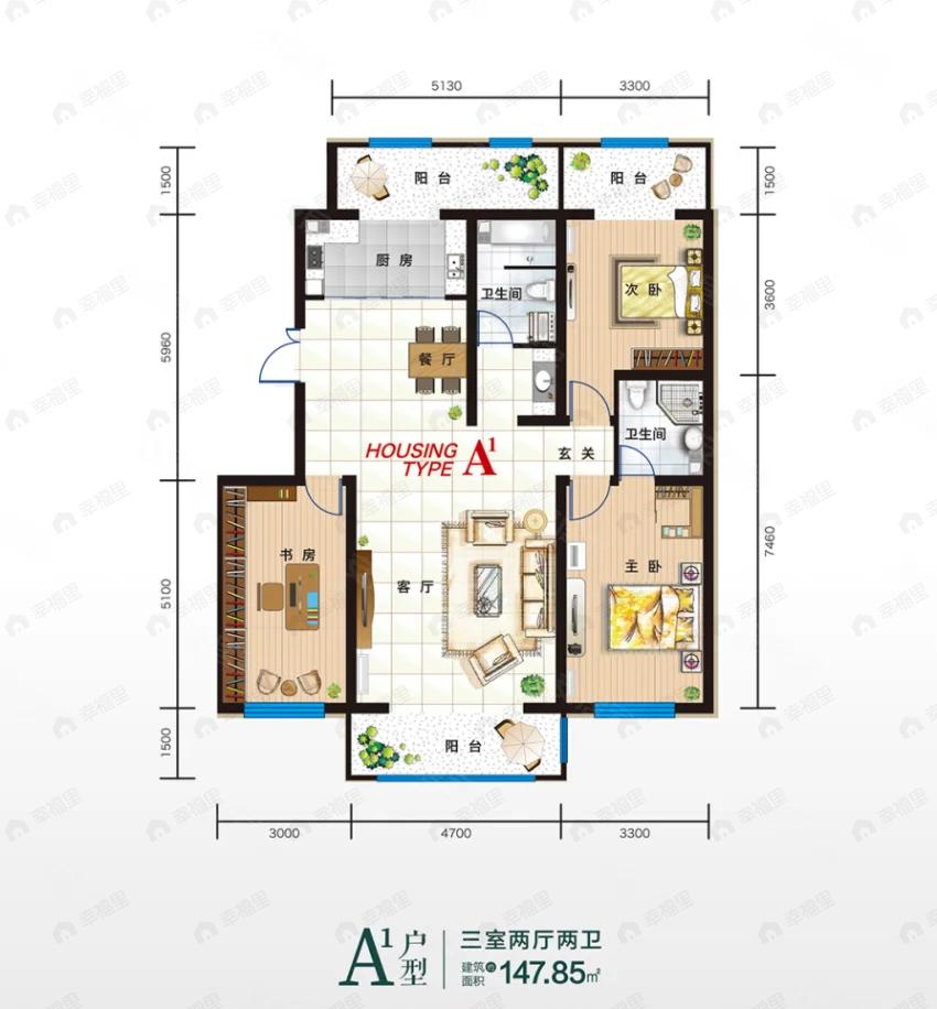 3室2厅2卫建面147平南户型图