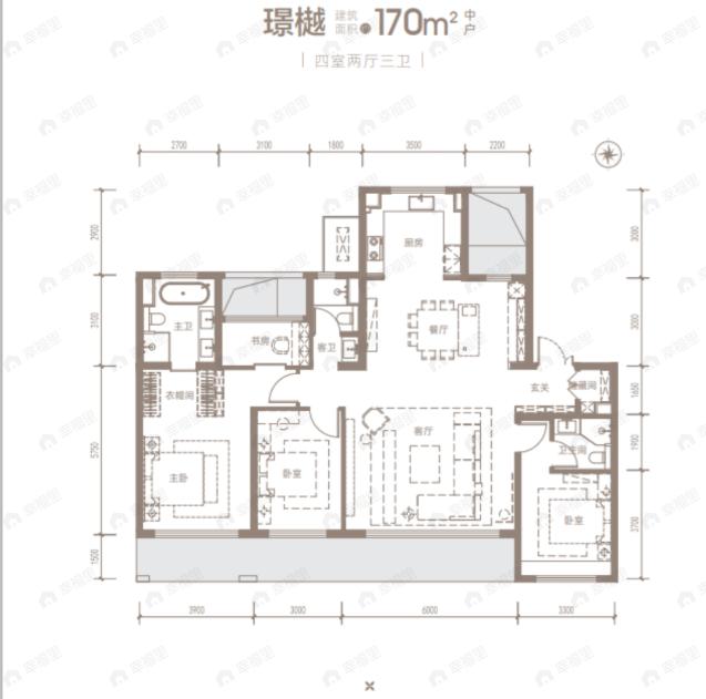 4室2厅3卫建面170平南户型图