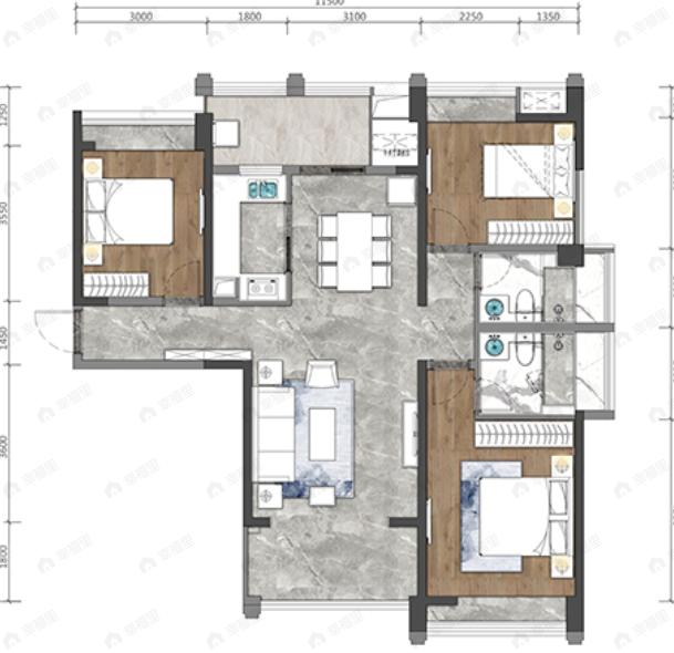 金沙宸宇公馆3室2厅2卫户型图