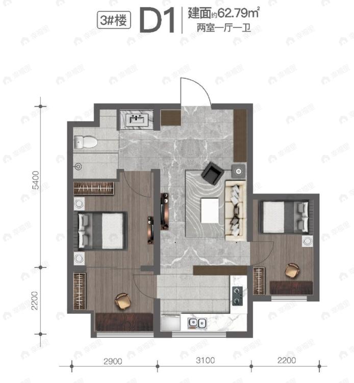 太白阅山2室1厅1卫户型图