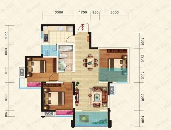 龙都国际3室2厅1卫户型图