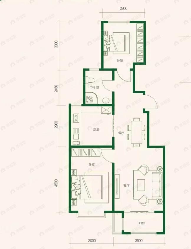 2室2厅1卫建面87m²北|南户型图