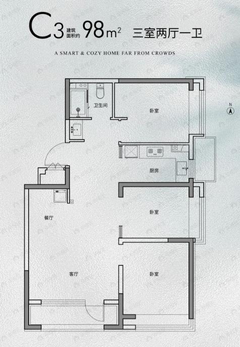 京投发展·森与天成3室2厅1卫户型图