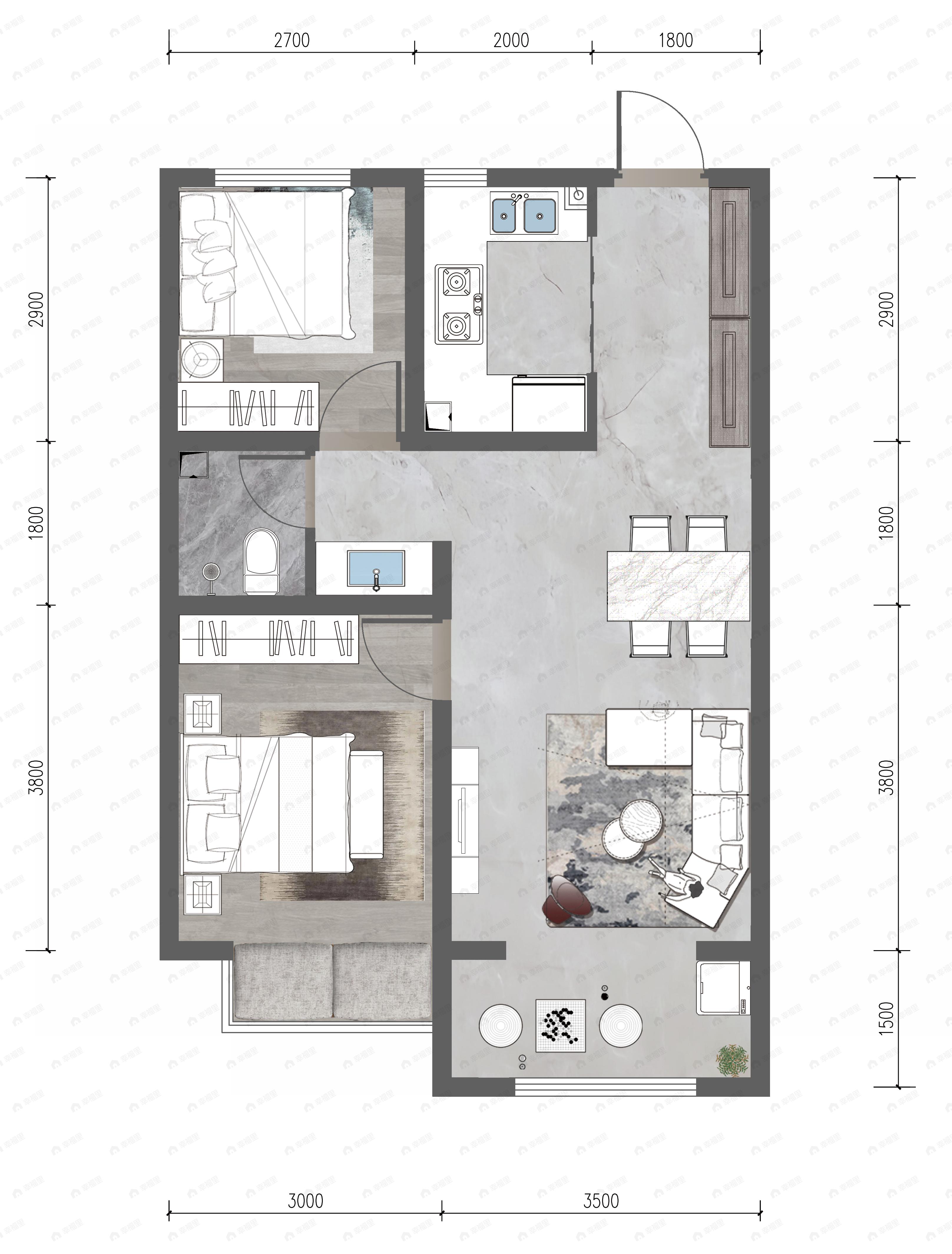 2室2厅1卫建面85平户型图
