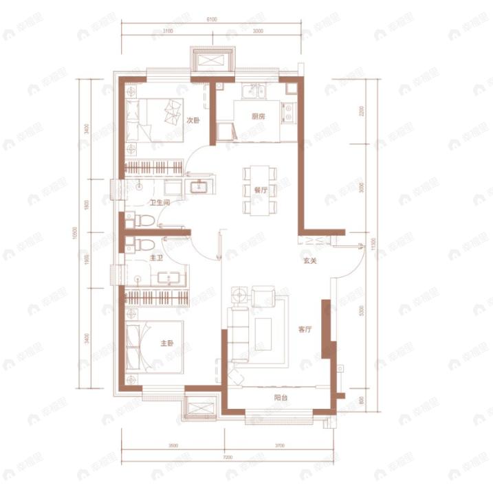 2室2厅2卫建面101平户型图