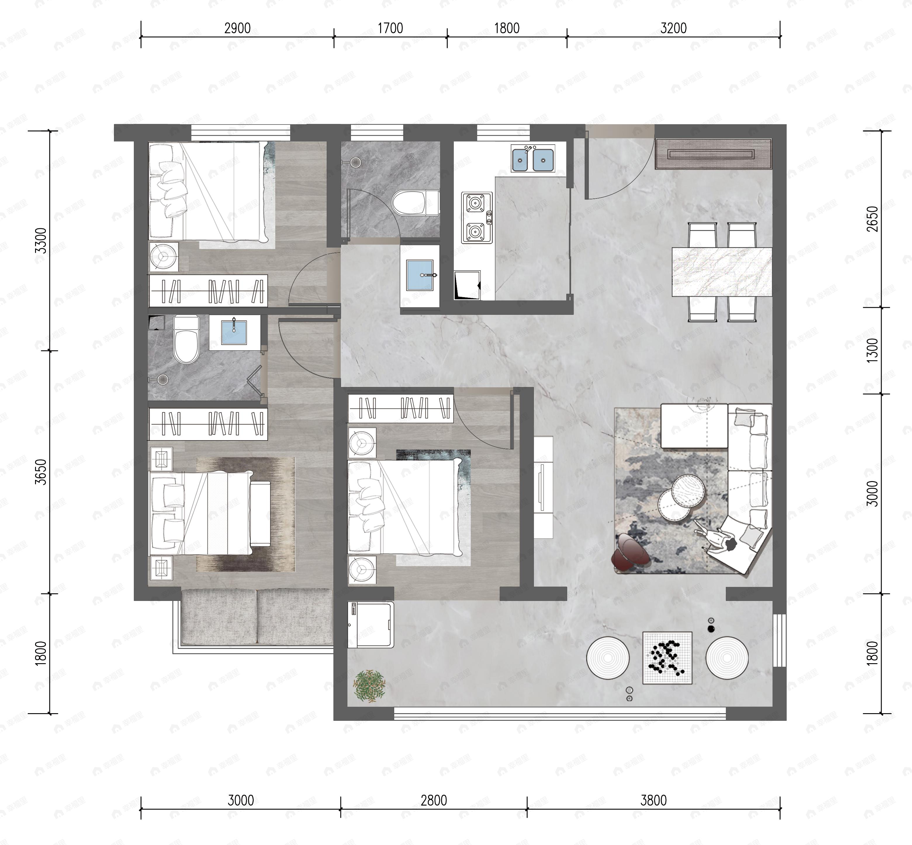 3室2厅2卫建面105平户型图