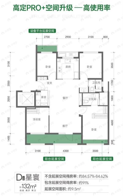 4室2厅2卫建面132平户型图