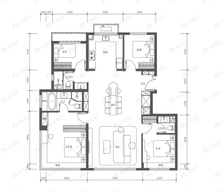 4室2厅3卫建面154平南|北户型图