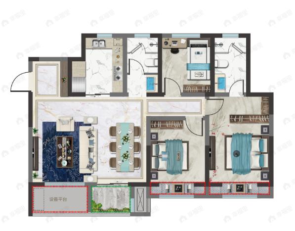 3室2厅2卫建面122平南|北户型图