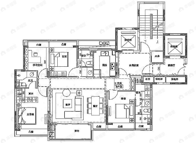 4室2厅3卫建面140平南户型图