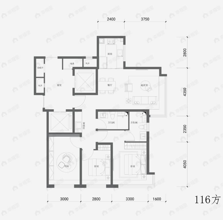 3室2厅2卫建面116平北|南户型图