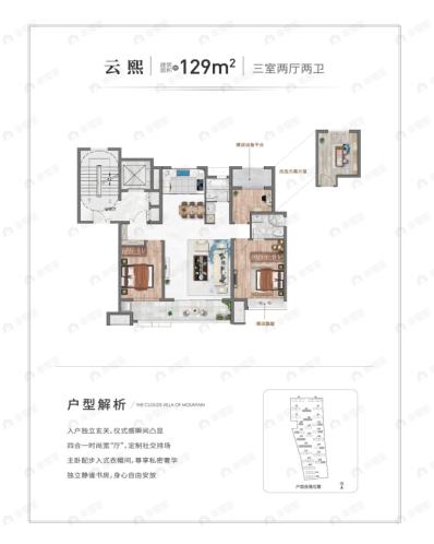 3室2厅2卫建面129平南|北户型图