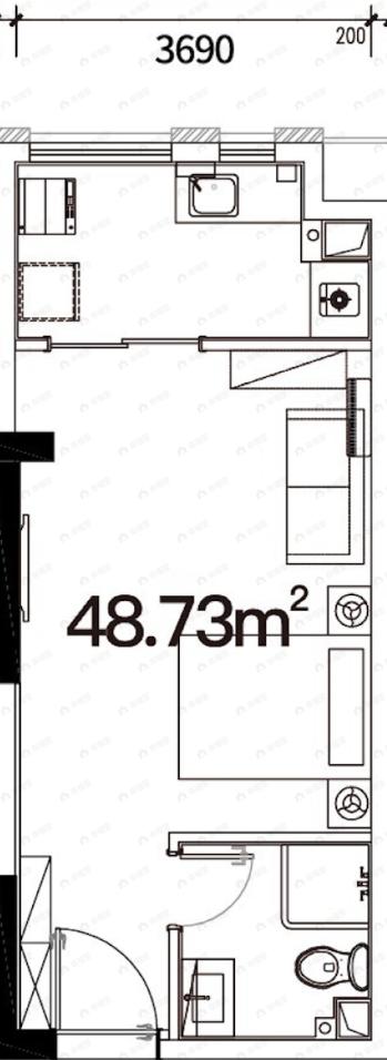 1室1厅1卫建面48m²北|南户型图