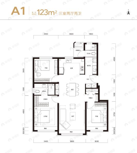 3室2厅2卫建面123m²南|北户型图