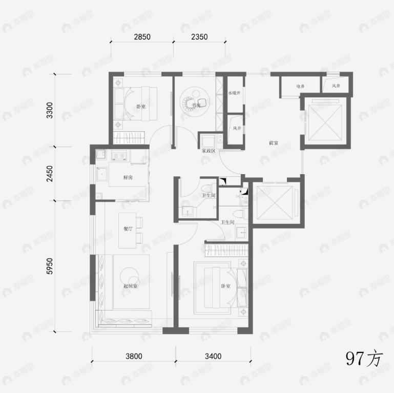 3室2厅2卫建面97平南|北户型图