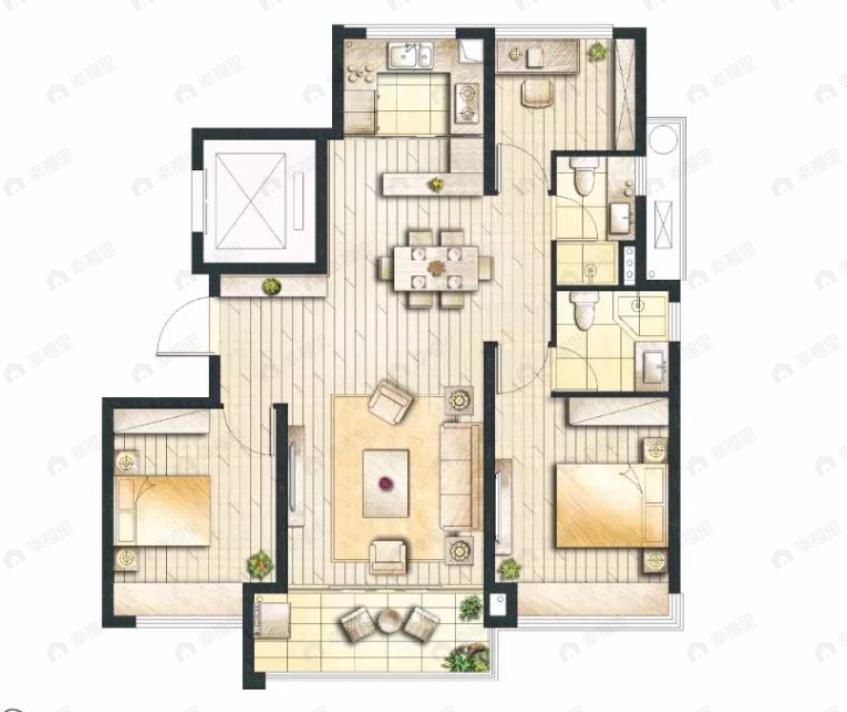 华侨城欢乐天地一期3室2厅2卫户型图