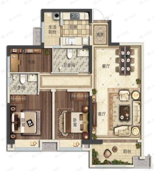 3室2厅2卫建面104平户型图