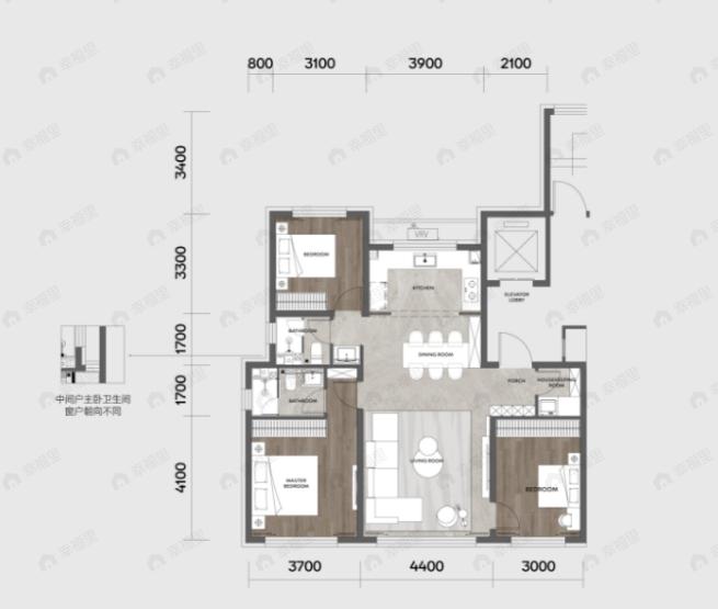 3室2厅2卫建面120m²北|西|南户型图