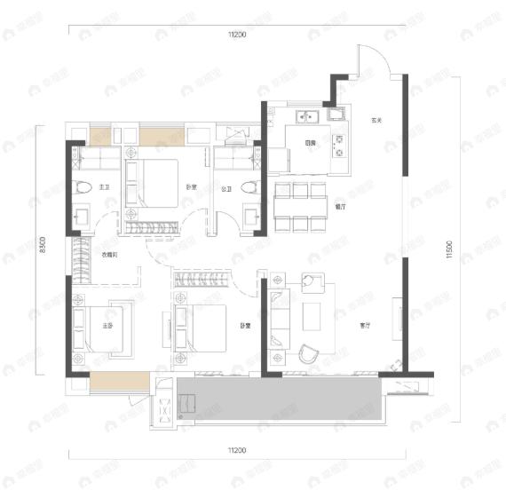 3室2厅2卫建面132平户型图