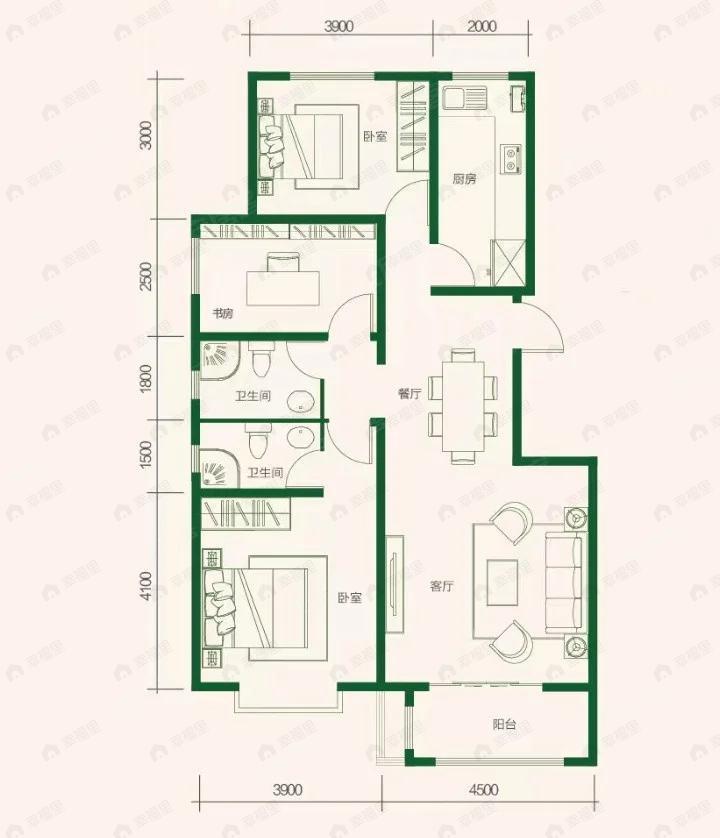 3室2厅2卫建面120平户型图