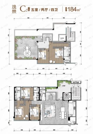 5室2厅4卫建面184平户型图