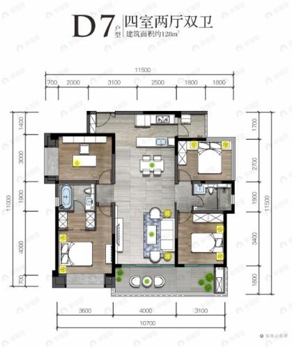 4室2厅2卫建面128平户型图