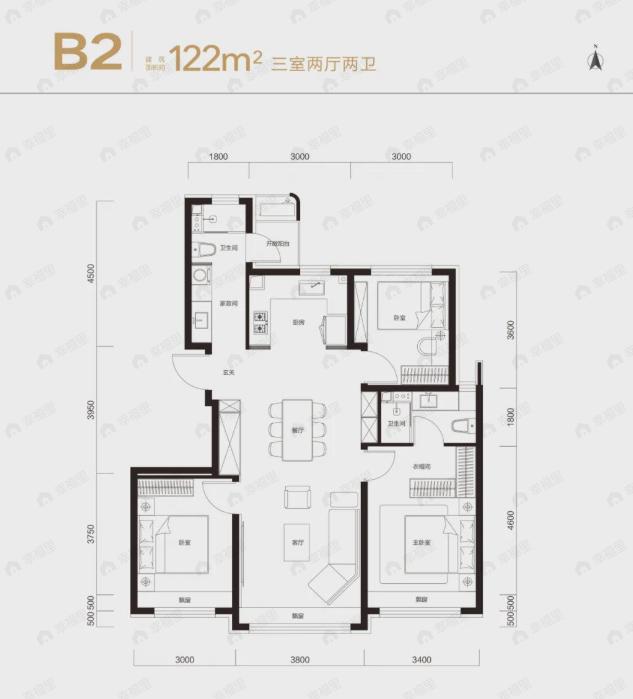 3室2厅2卫建面122平南|北户型图