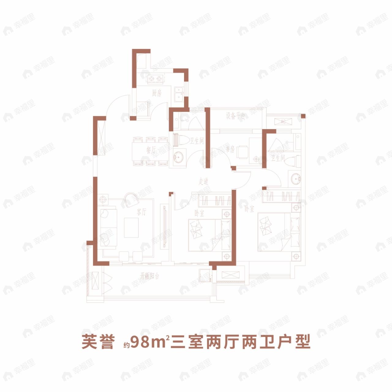 3室2厅2卫建面98m²南户型图