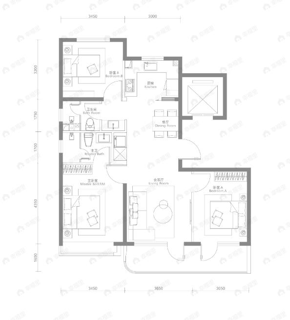 3室2厅2卫建面111平南|北户型图
