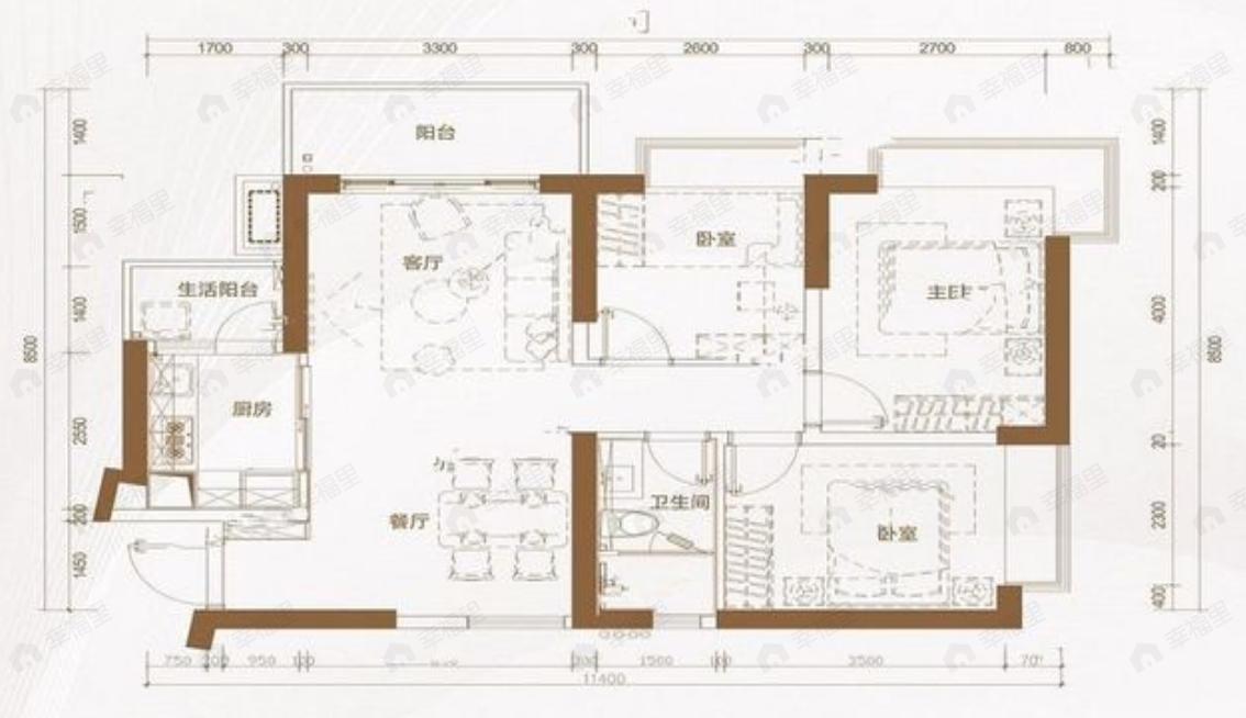 3室2厅1卫建面103平户型图