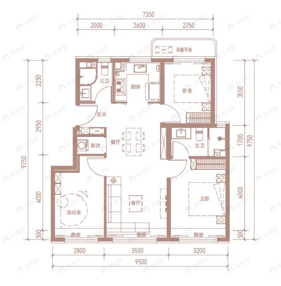 3室2厅2卫建面94平户型图
