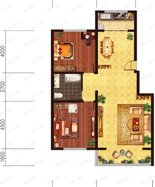 2室2厅1卫建面106m²南户型图