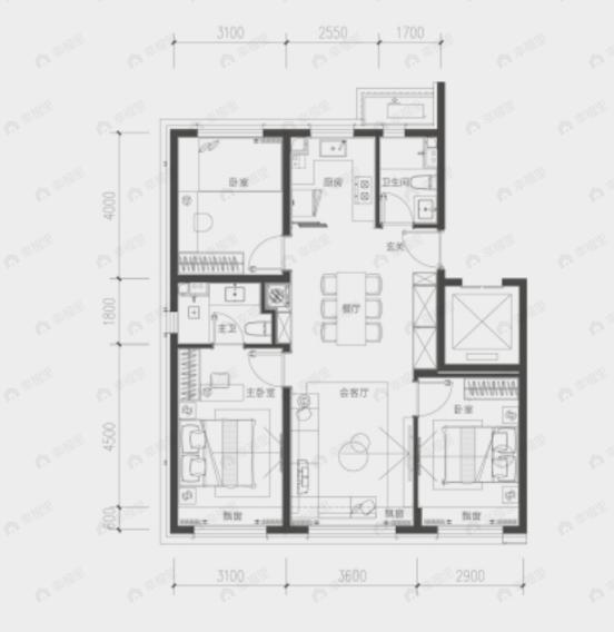 3室2厅2卫建面115m²南|北户型图