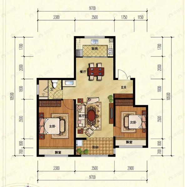 2室2厅1卫建面90平户型图