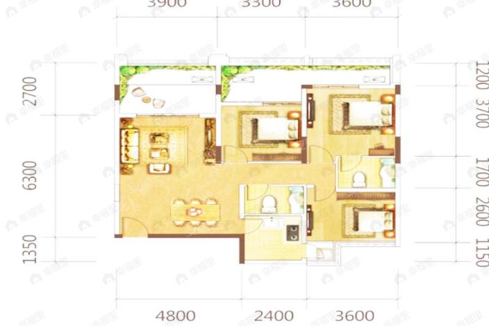 3室2厅2卫建面90平户型图