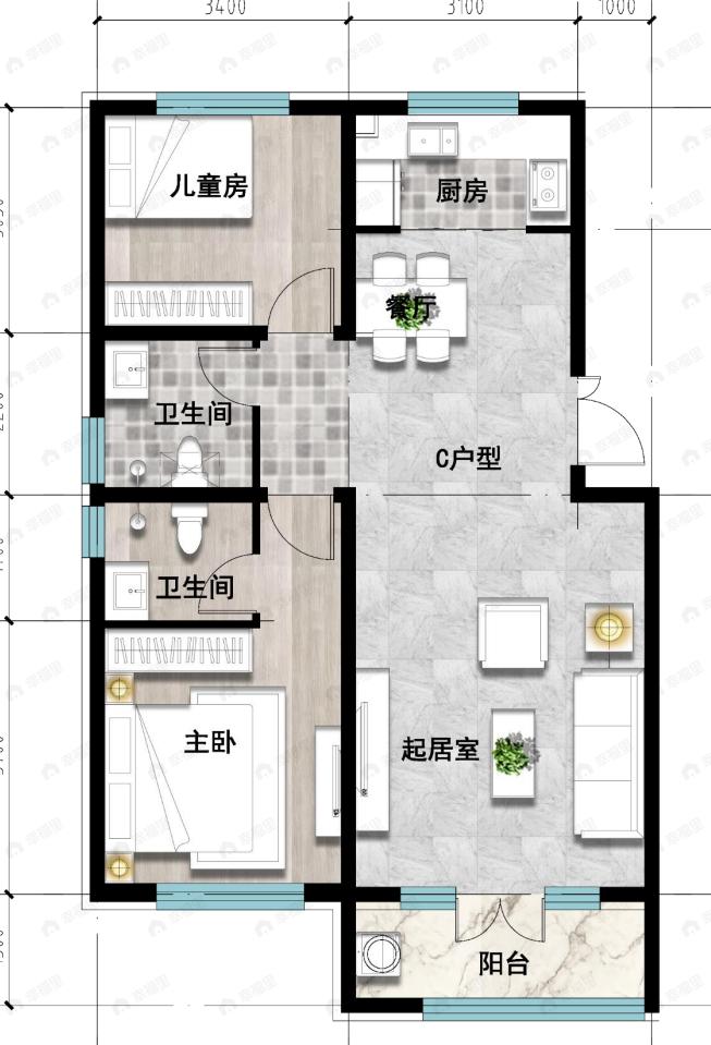 成龙学府·悦城2室2厅2卫户型图