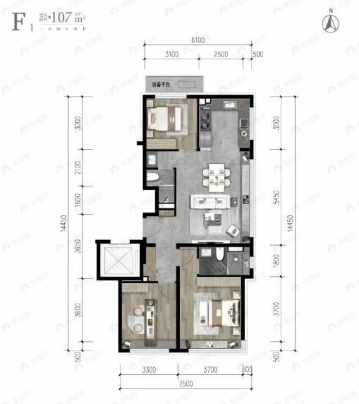 3室2厅2卫建面107平户型图