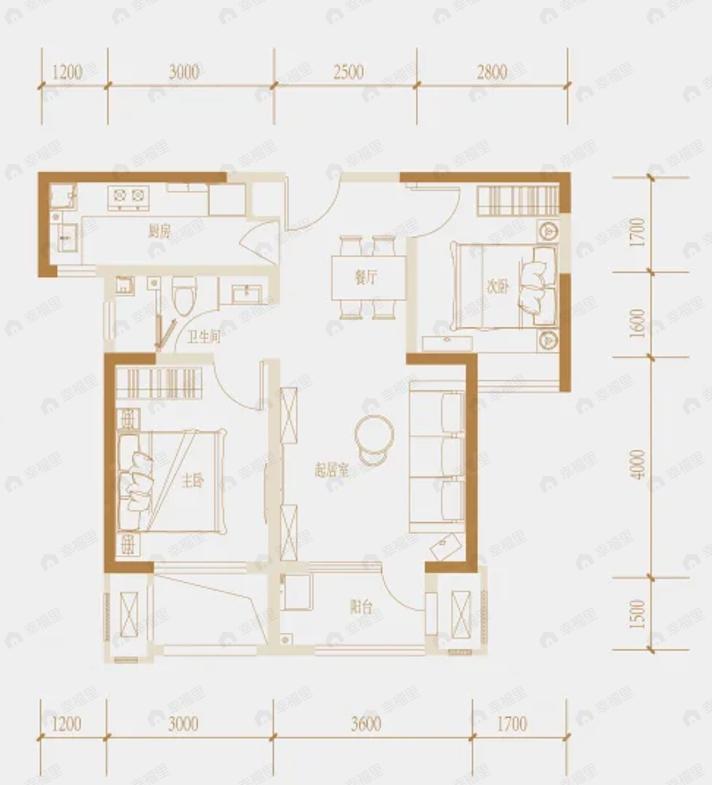 2室2厅1卫建面80平户型图