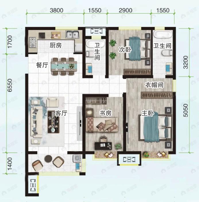 3室2厅1卫建面114平北|南户型图