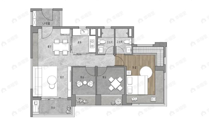 1室2厅2卫建面85平南户型图