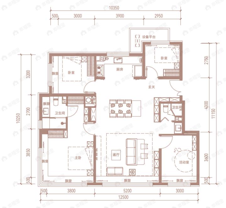4室2厅2卫建面128平南|北户型图