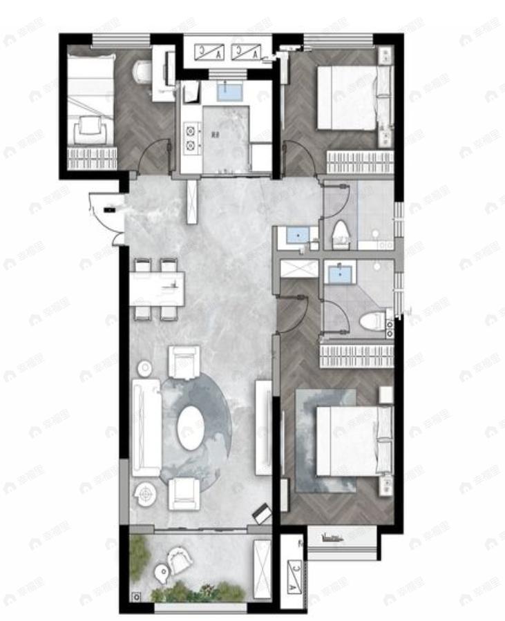 3室2厅2卫建面113m²北|南户型图