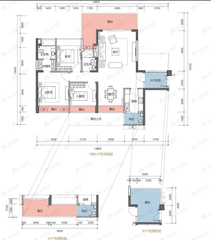 3室2厅2卫建面114m²南户型图
