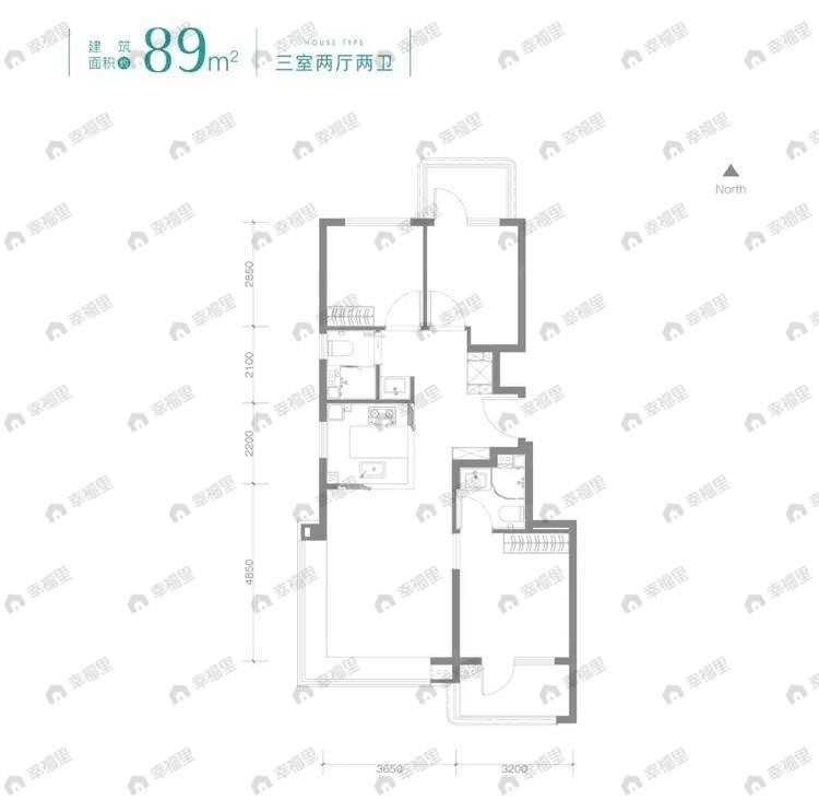 3室2厅2卫建面89m²户型图