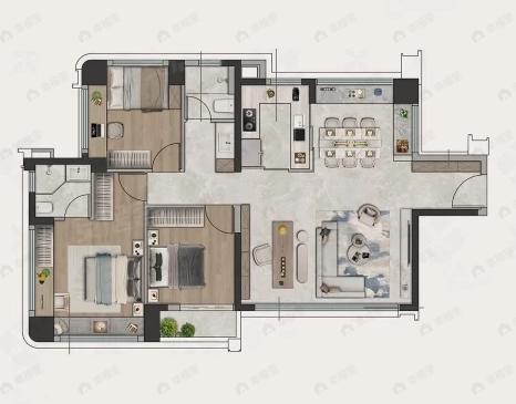 3室2厅2卫建面110m²北|南户型图
