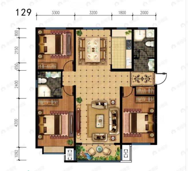 3室2厅2卫建面129平南户型图