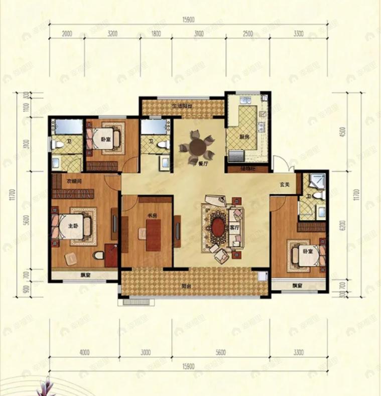 4室2厅3卫建面180平户型图