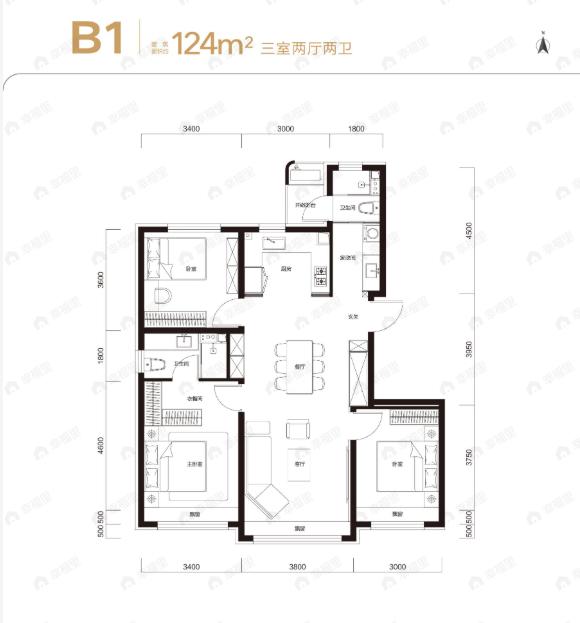 3室2厅2卫建面124m²南|北户型图