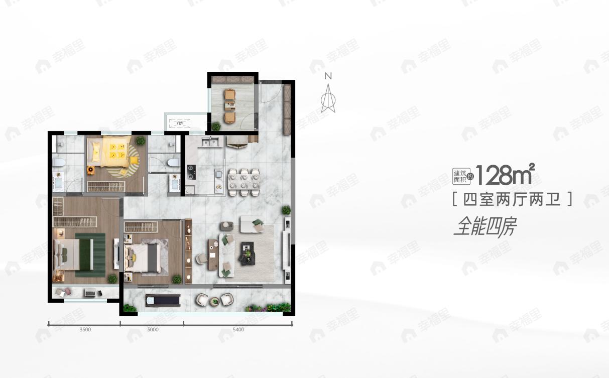 3室2厅2卫建面128平南户型图