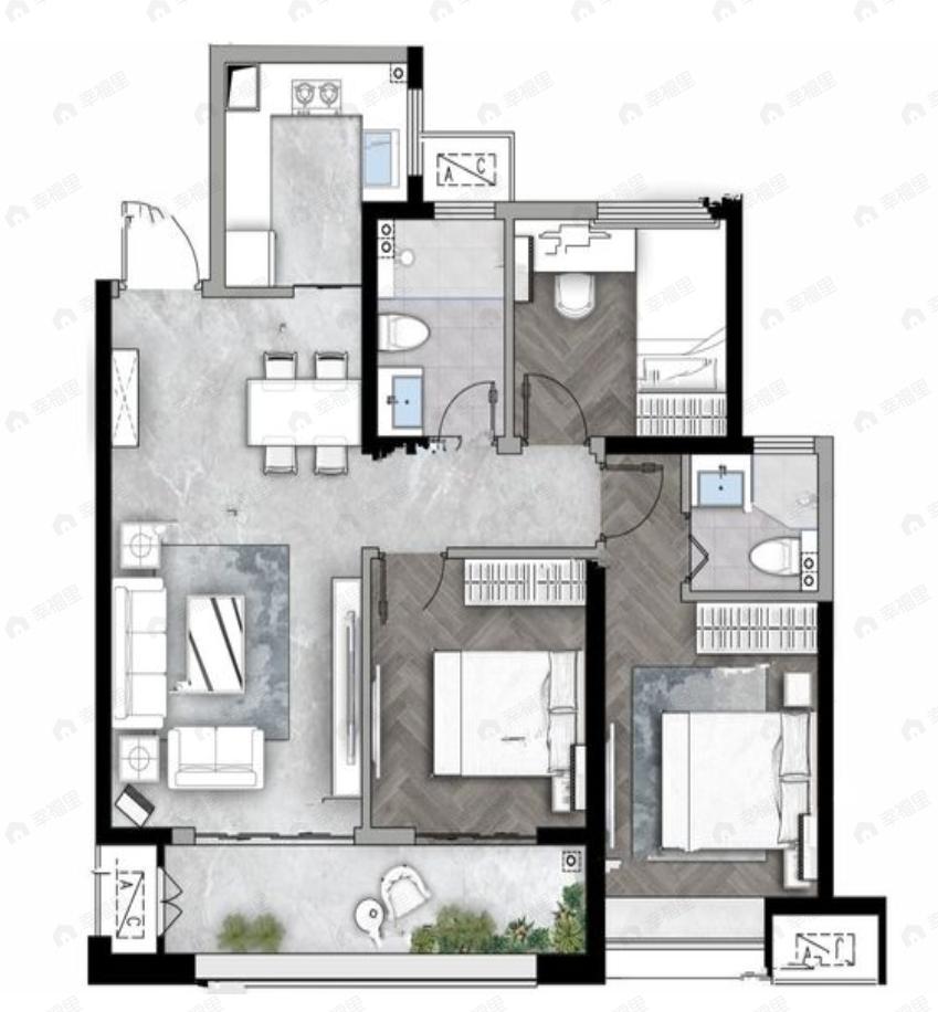 3室2厅2卫建面99m²南|北户型图